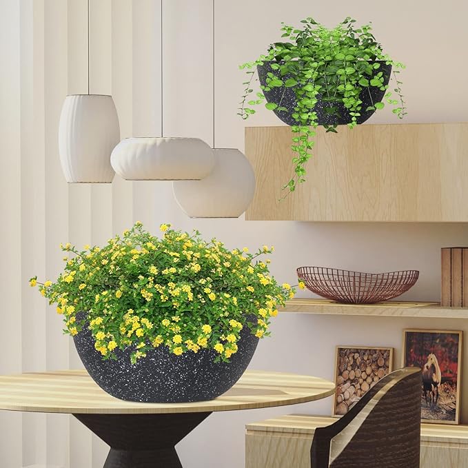 WOUSIWER 13 inch 2Pack Large Hanging Planters for Outdoor Indoor Plants with Drainage Holes and Chain, Round Hanging Flower Pots for Garden Home Porch Decor, Black Speckles-Ruum Studio Home