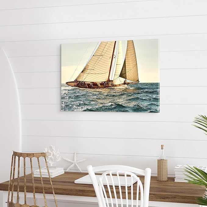 ARTISTIC PATH Nautical Sailboat Canvas Wall Art - Coastal Ocean Artwork Seascape Sailing Prints Wave Boat Picture Sunset Marine Ship Painting for Bedroom-Ruum Studio Home