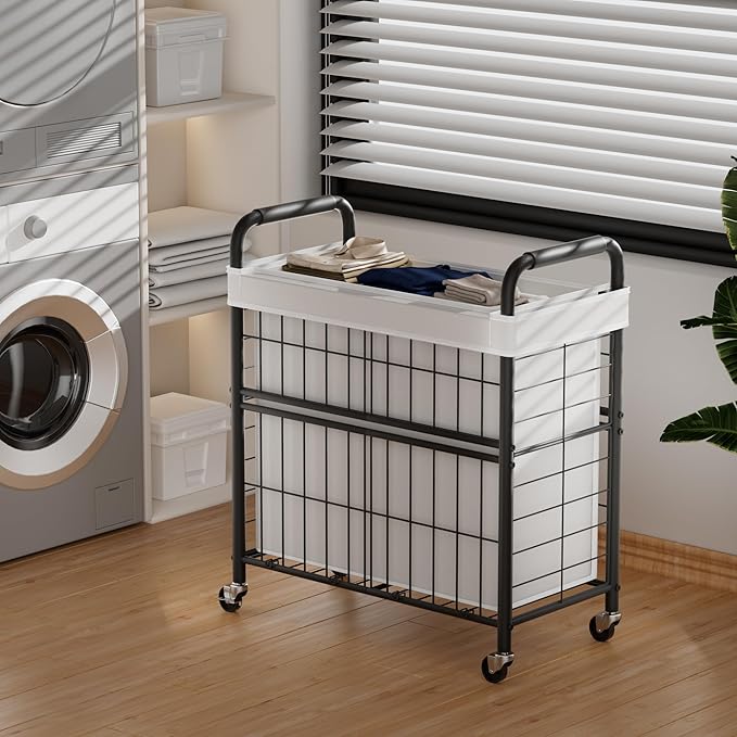 Laundry Hamper 3 Section, 145L Rolling Laundry Sorter Basket with Wheels, 3 Compartment Clothes Organizer Cart, Pull-Out Removable Bags for Laundry Room, Bathroom, Bedroom, White-Ruum Studio Home