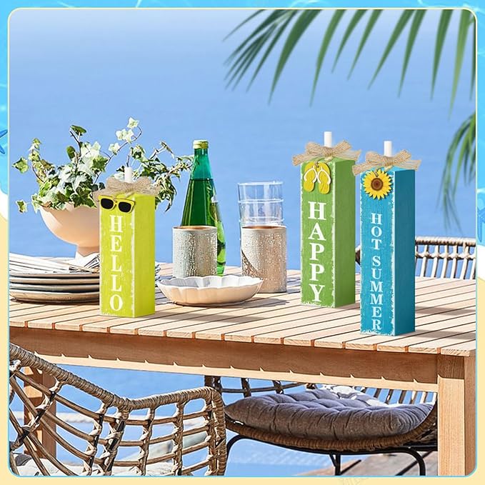 3 PCs Wooden Tiered Tray Decor Hello Happy Hot Summer Rustic Table Decor Block Signs for Beach Island Home Office Decorations (Summer-1)-Ruum Studio Home