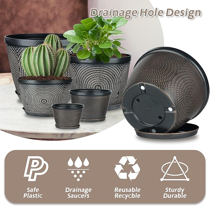 Quarut 10 Inch Flower Pots for Outdoor Indoor, 3 Pack Plastic Plant Pots with Drainage Hole & Tray, Modern Decorative Garden Pot with Saucer, planters for House (Black Copper)-Ruum Studio Home