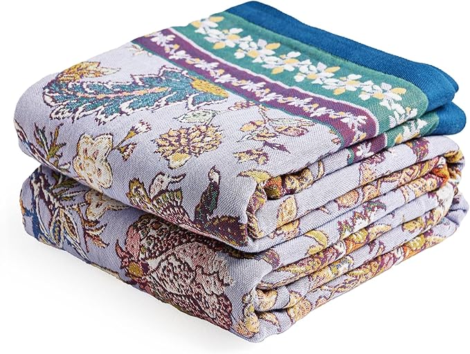 Boho Throw Blanket 80" x 90", 100% Organic Cotton Breathable Ultra Soft Bed Purple Quilt Throw - All Season Luxury Floral Farmhouse Decor Blanket for Sofa Couch Chair and Gift.-Ruum Studio Home