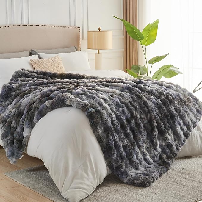 NEWCOSPLAY Faux Fur Twin Blanket Tie-dye Grey Luxury Fluffy Thick Warm Bubble Blanket for Couch Sofa Bed 700GSM (Tie-dye Grey, Twin(60"x80"))-Ruum Studio Home