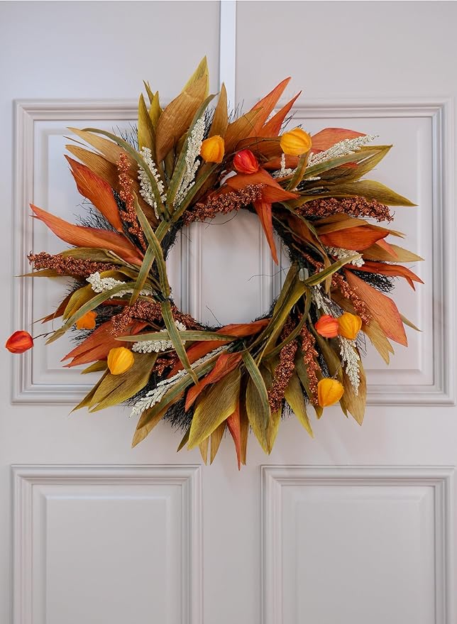 Fall Corn Husk & Berry Door Wreath for Front Door 24 Inch, Festive & Rustic Farmhouse Autumn Harvest Wreath, Fall Decor for Home Door Wall Porch Window, Orange/Yellow/Brown-Ruum Studio Home