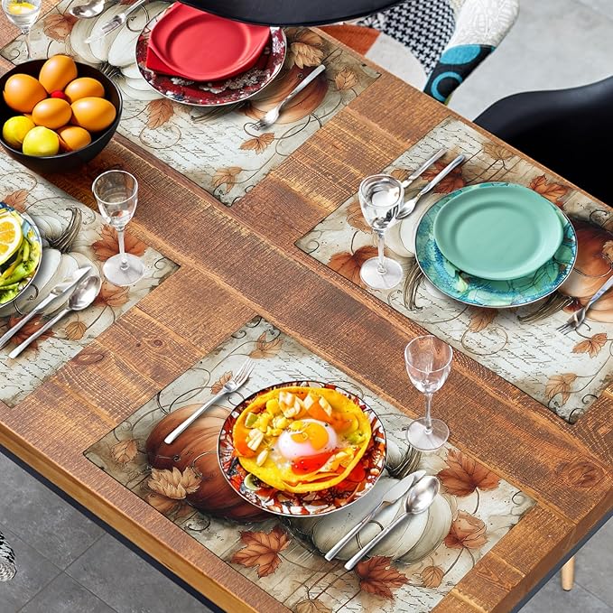 Fall Vintage Pumpkin Leaves Placemats Set of 4 Autumn Thanksgiving Harvest Linen Dinner Place Mats 12x18 Burnt Orange and White Rustic Farmhouse Decorative Kitchen Table Mats-Ruum Studio Home