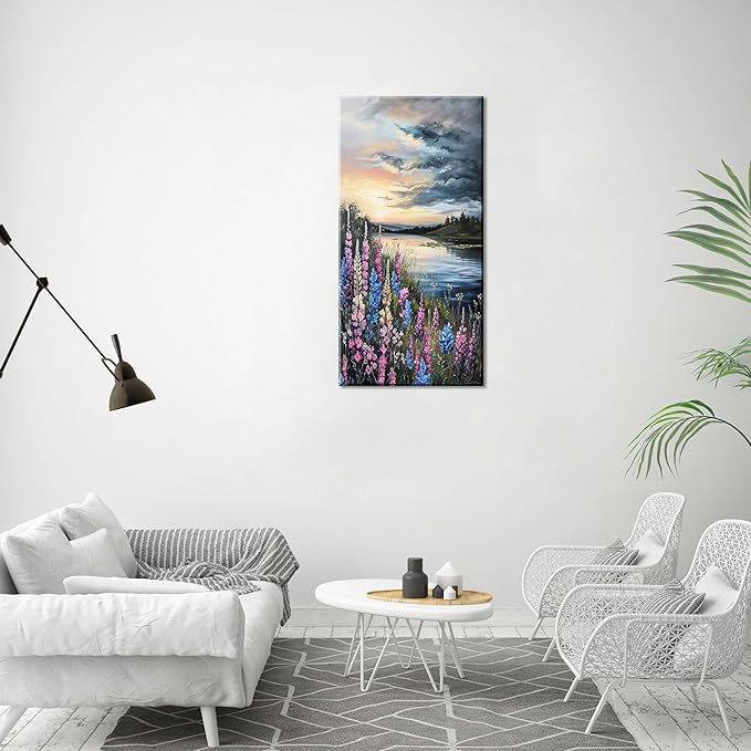 LASMOND Beautiful Colorful Grassland by Riverbank Landscape Wall Art Decor Artwork for Bedroom (24x48 Inches)-Ruum Studio Home