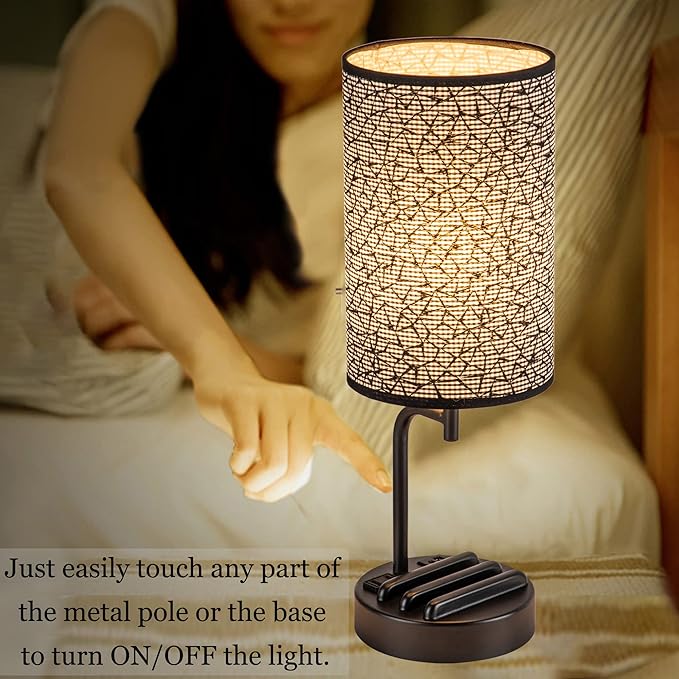 Dreamholder Touch Control USB Table Lamp, Upgraded 3-Way Dimmable Nightstand Desk Lamp with USB C & A Charging Ports and AC Outlet, Bedside Lamp for Bedroom Dimmable 9W LED Bulb Included-Ruum Studio Home