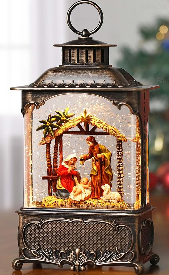 Nativity Snow Globe Lantern Christmas Decorations Gifts Auto Snowfall Glitter Music Collection Manger Sheep Pen Nativity Scene with 6H Timer USB/Battery Powered 10.2 inch-Ruum Studio Home
