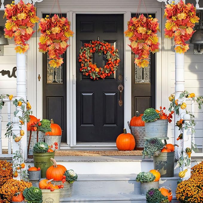 RECUTMS Fall Leaves Hanging Plant Artificial Fall Leaves Garland with Berry Fake Autumn Wall Hanging Leaf Vines for Home Halloween Party Door Frame Fireplace Decoration(Orange with Berry)-Ruum Studio Home