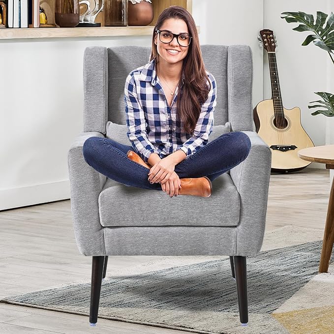 Accent Chair Set of 2, Upholstered Armchair with Pillow, Fabric Single Sofa Chair with Lounge Seat and Wood Legs Accent Chair for Living Room Small Spaces (Grey, Set of 2)-Ruum Studio Home