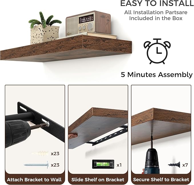 Floating Shelves - 2 Large Wall Mounted Shelves with Invisible Brackets, Long Wood Floating Wall Shelf for Living Room, Bedroom, Kitchen (Brown, 48" W x 9" D x 1.5" H)-Ruum Studio Home