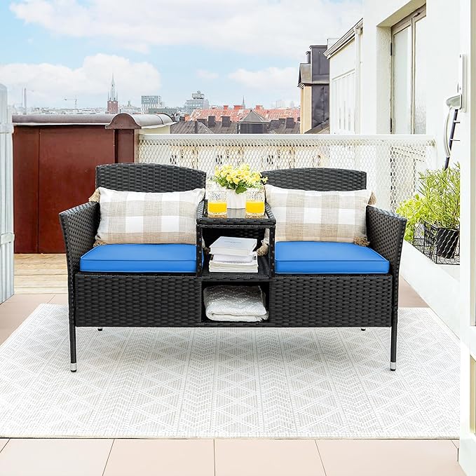 Flamaker Outdoor Furniture Patio Loveseat Wicker 2-Seat with Built-in Table and Cushions Rattan Porch Chairs Bench for Balcony, Lawn, Backyard (Blue)-Ruum Studio Home