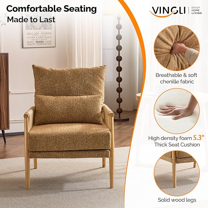 VINGLI Boho Braid Accent Armchairs Set of 2,Mid-Century Modern Chiars with Solid Wooden Armrest,Comfy Louge Cushion Chairs with Waist Pillow for Bedroom,Living Room,Reading Room, Khaki-Ruum Studio Home