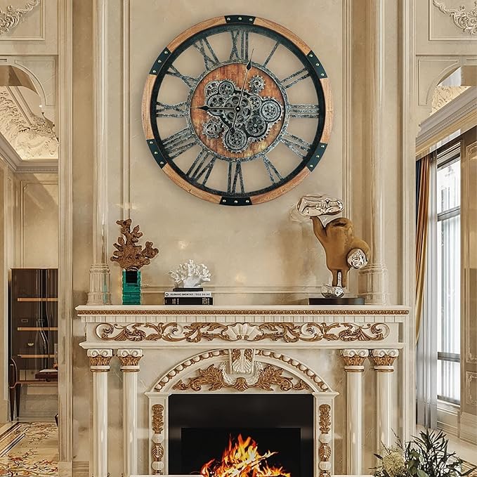 27 Inch Moving Gear Wall Clock, Oversized Wall Clocks, Clock Living Room Decor, Solid Wood Frame, Battery Operated, Large Wall Clock with Steampunk Industrial for Fireplace(Brown)-Ruum Studio Home