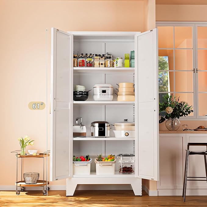 61" Tall Farmhouse Metal Pantry Cabinet, Kitchen Pantry Storage Cabinets with 2 Barn Door and Adjustable Shelves,Metal Pantry Storage Cabinet,for Kitchen,Laundry Room,Home Office,Kids Room (White)-Ruum Studio Home