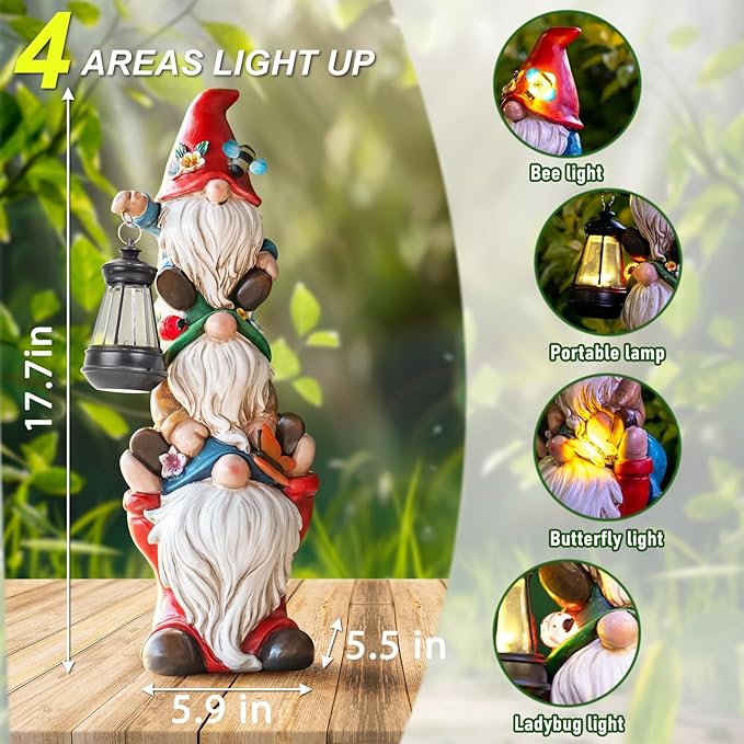 17 in Large Garden Gnome Statue with Solar Lights Sculptures Funny Triple Big Gnome Outdoor Patio Lawn Yard Balcony Garden Home Decor Gifts for Women Mom-Ruum Studio Home