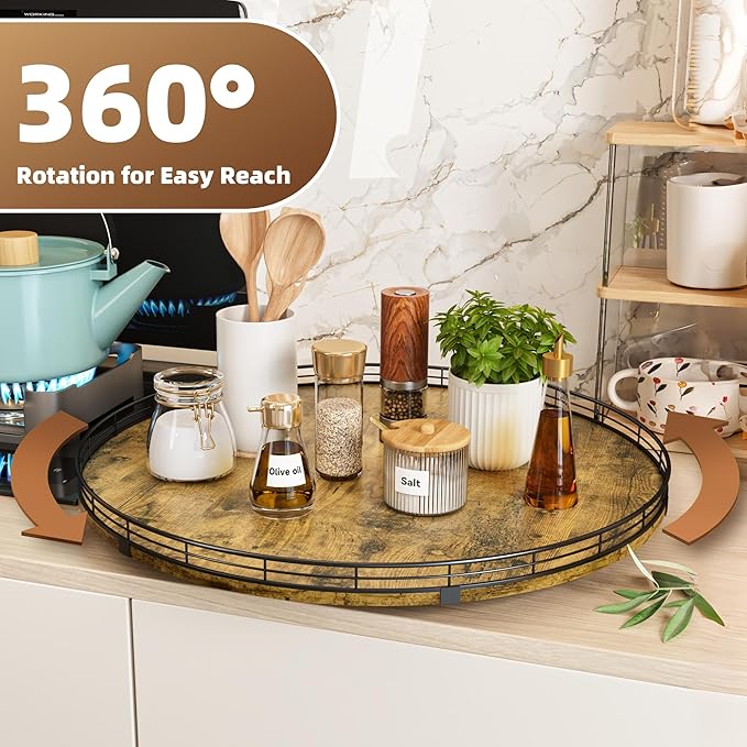 Lazy Susan Turntable Organizer for Table Top, 21’’ Round Wooden Lazy Susan for Cabinet Kitchen Countertop Pantry Dining Coffee Table for Condiments Spices, Rustic Bathroom Vanity Tray for Soap Candle-Ruum Studio Home