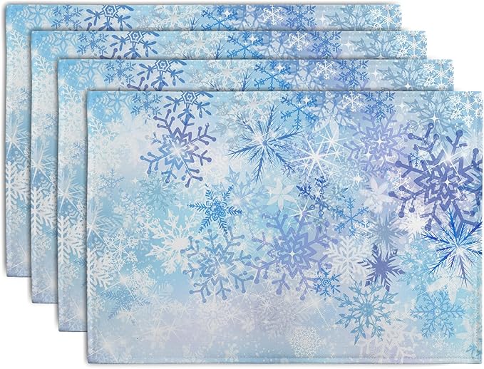 Blue Snowflake Winter Placemats Set of 4 Xmas Snow Place Mat Merry Christmas Linen Fabric Table Mats Washable Heat Resistant Placemat for Farmhouse Kitchen Dining Party Decoration-Ruum Studio Home