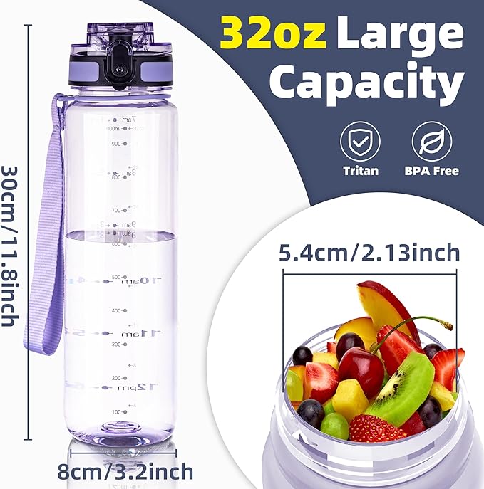 OLDLEY 32 oz Water Bottle, Motivational Water Bottle with Time Marker, Sports Water Bottle With Strap, Leakproof & BPA Free Large Water Bottles for School,Gym,Outdoor, Tritan, Transparent-Purple-Ruum Studio Home