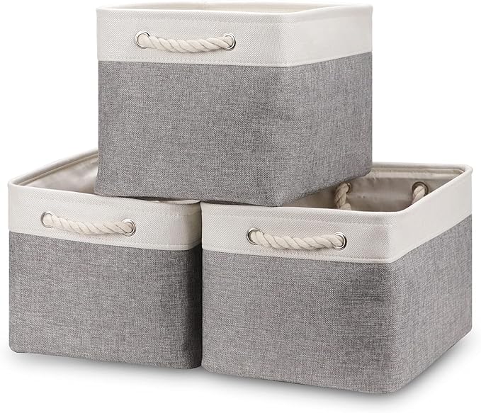 Bidtakay Baskets Set of 3 Storage Baskets for Organizing Large Fabric Storage Bins for Shelves Decorative Canvas Bins Collapsible Empty Baskets for Closet,Nursery,Clothes,Toys,Shoes(White&Grey)-Ruum Studio Home