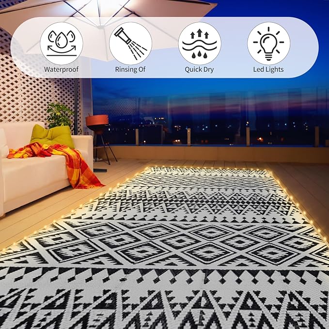 8x10ft Waterproof Outdoor Rug with LED Lights, Bohemia Reversible Plastic Straw Mat for Patio RV Camping Picnic Balcony Beach Deck Indoor Outdoor Carpet, Black&White-Ruum Studio Home