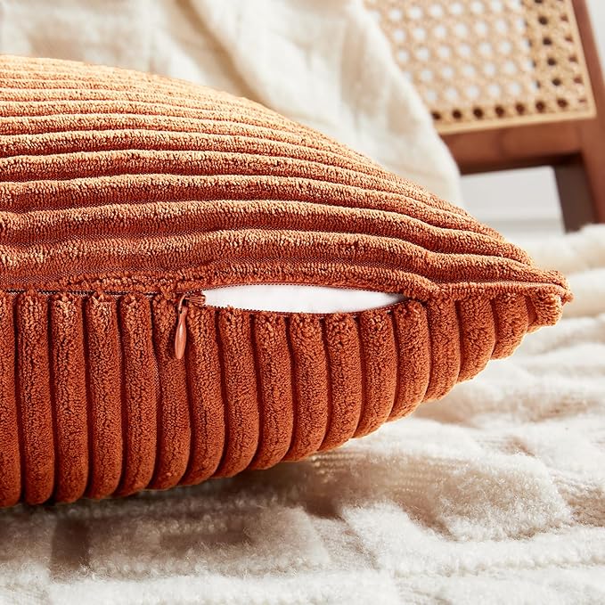 Fancy Homi Set of 2 Burnt Orange Decorative Throw Pillow Covers 24x24 Inch for Living Room Couch Bed, Boho Farmhouse Fall Home Decor, Soft Corss Corduroy Patchwork Textured Cushion Case 60x60 cm-Ruum Studio Home