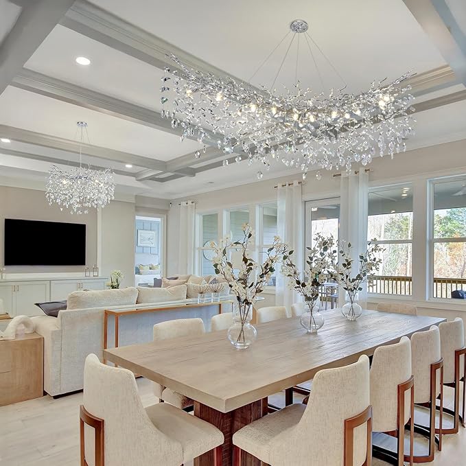 Modern Crystal Silver Chandelier, 55" Large Rectangular Oval Tree Branch Crystal Chandeliers for Dining Room,16-Light Flush Mount K9 Crystal Chandeliers, for Kitchen Island,Dining Room-Ruum Studio Home
