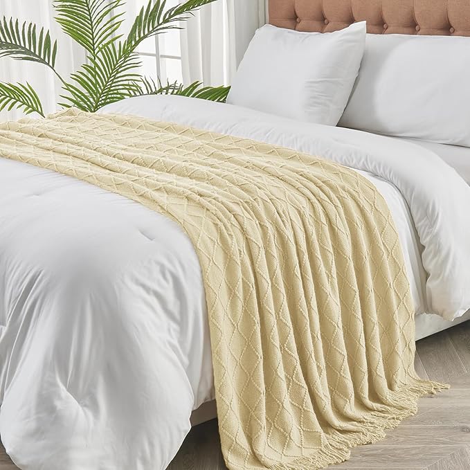 inhand Knitted Throw Blanket for Couch and Bed, Soft Living Room Home Decor Knitted Blanket with Tassel, Outdoor Lightweight Breathable Summer Blanket, Farmhouse Warm Woven Decorative, 50"x60"-Ruum Studio Home