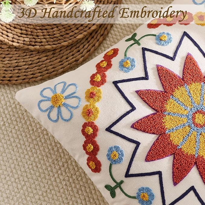 Embroidered Throw Pillow Cover 18x18 Classic Fall Boho Floral Pattern Pillows Cover Outdoor Decorative Pillowcase,Durable Cozy Textured Cushion Case for Sofa Couch Bed Living Room,Orange-Ruum Studio Home