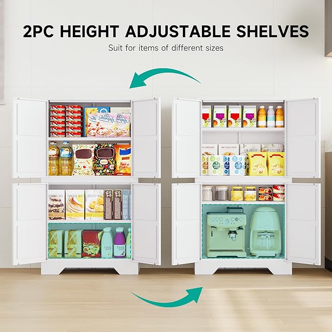 SISESOL White Storage Cabinet with 4 Doors and 2 Adjustable Shelves,Farmhouse Food Pantry Cabinets,Small Bathroom Cabinet,4 Tier Metal Storage Cabinets for Home Kitchen,Dining/Living/Laundry/Room-Ruum Studio Home