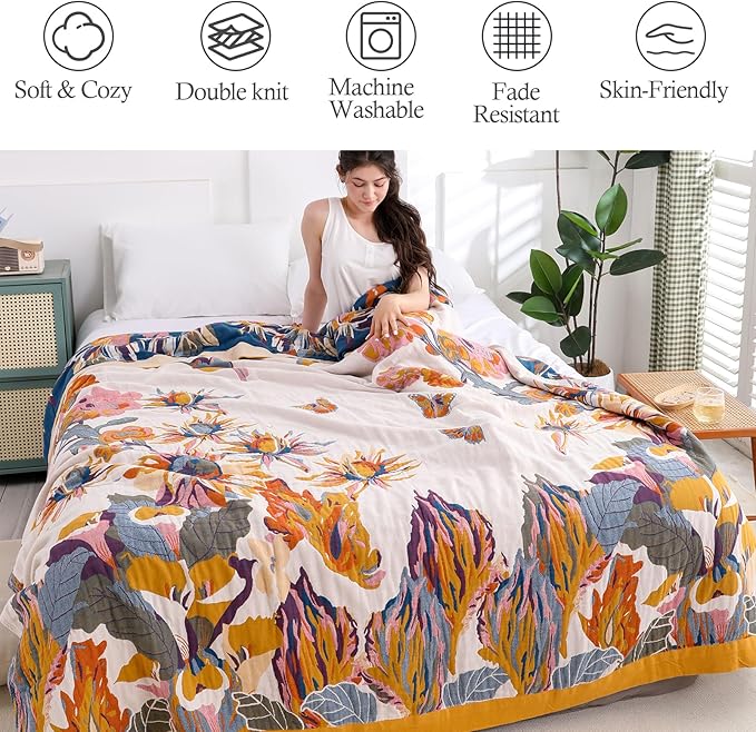 Snycler Boho Throw Blanket for Bed - 100% Cotton Ultra Soft Rustic Quilt - Watercolour Floral Printed Farmhouse Decor Bed Fall Blankets,80"×90" All Season Rustic Throw for Sofa Couch Chair-Ruum Studio Home