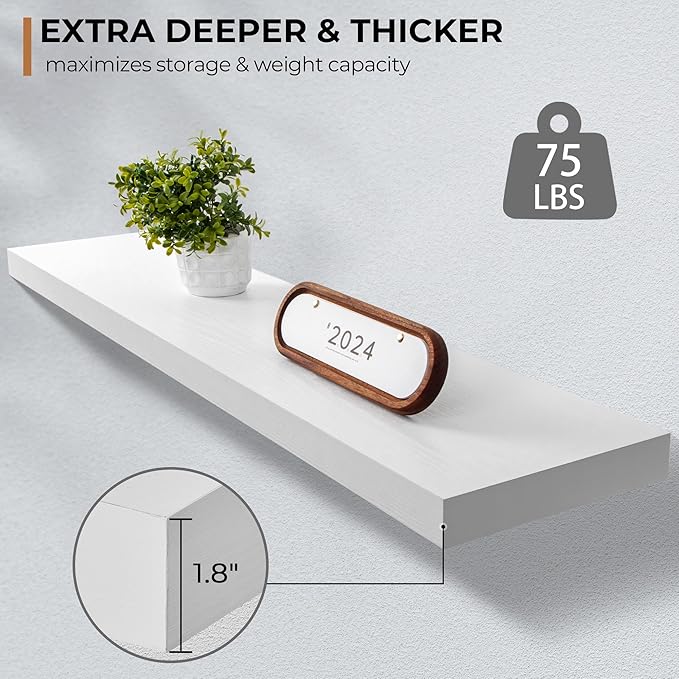 Floating Shelves - 10.3 Inch Deep Wall Shelf for Decor & Storage - Wall Mounted Display Shelving with Invisible Heavy-Duty Metal Bracket - 48" W x 10.3" D x 1.8" H - Set of 1 - Rustic White-Ruum Studio Home