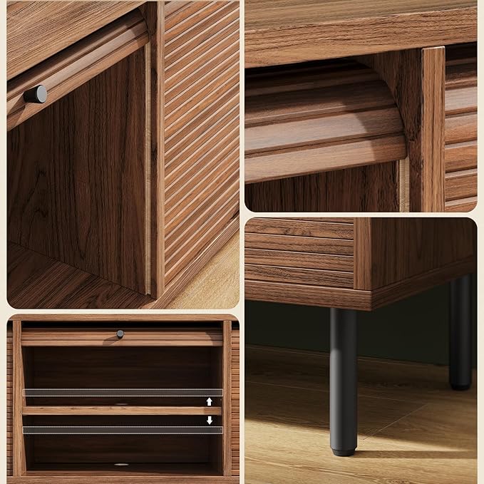 59 Inch TV Stand with Power Outlet for TVs up to 65 Inch, Entertainment Center with Storage, Mid-Century Modern TV Console, Adjustable Shelf & Sliding Doors, TV Stand for Living Room, Bedroom, Walnut-Ruum Studio Home