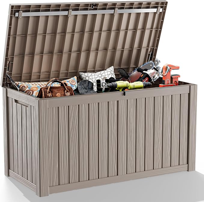 Vixzen 150 Gallon Resin Deck Box, Lockable Outdoor Storage Box for Patio Cushions Storage Furniture,Garden Tools, Pool Supplies, Weatherproof and UV Resistant- Light Brown-Ruum Studio Home