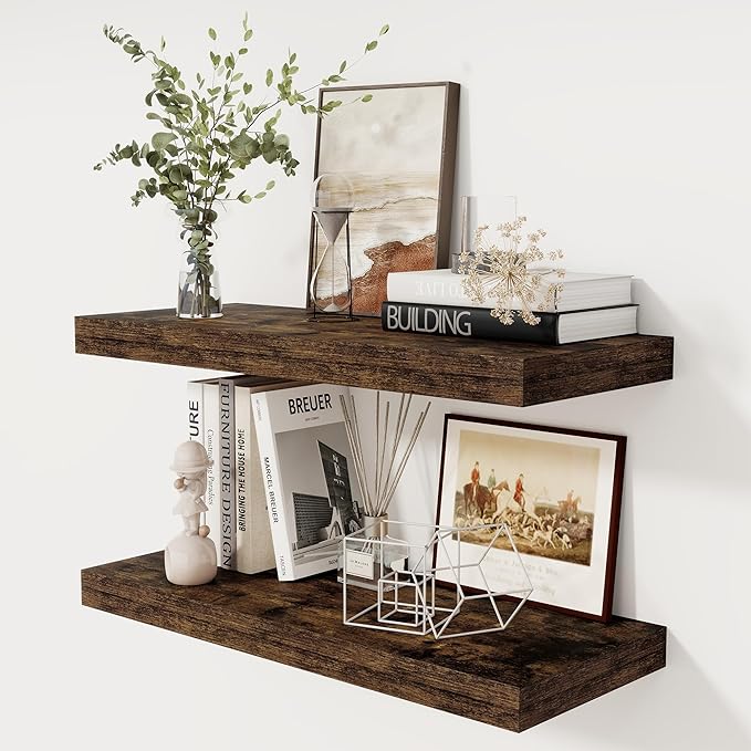 30 Inch Floating Shelves, 12 Inch Deep Floating Shelf for Wall, Rustic Deep Shelves for Books, Bathroom, Living Room, Kitchen, 30 x 12 x 2 Wood Floating Shelves, Rustic Brown Color, Set of 2-Ruum Studio Home