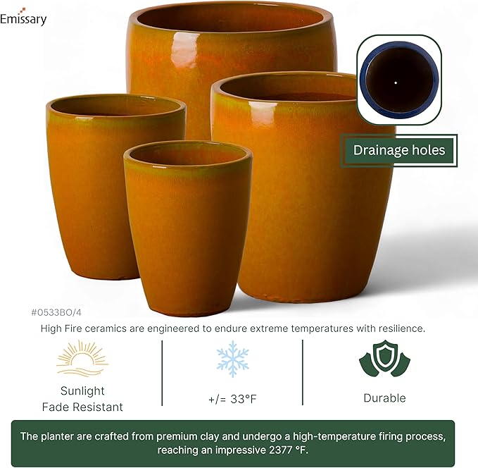 Emissary Bullet 14 in. Bright Orange Ceramic Round Planter (14 in. L x 14 in. W x 15.5 in. H) with Drainage Hole-Ruum Studio Home