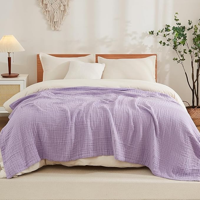 EMME Cotton Throw Blanket for Couch Soft Muslin Blankets 50"x60" Lightweight Breathable Blanket All Season Gauze Blanket, Lavender-Ruum Studio Home