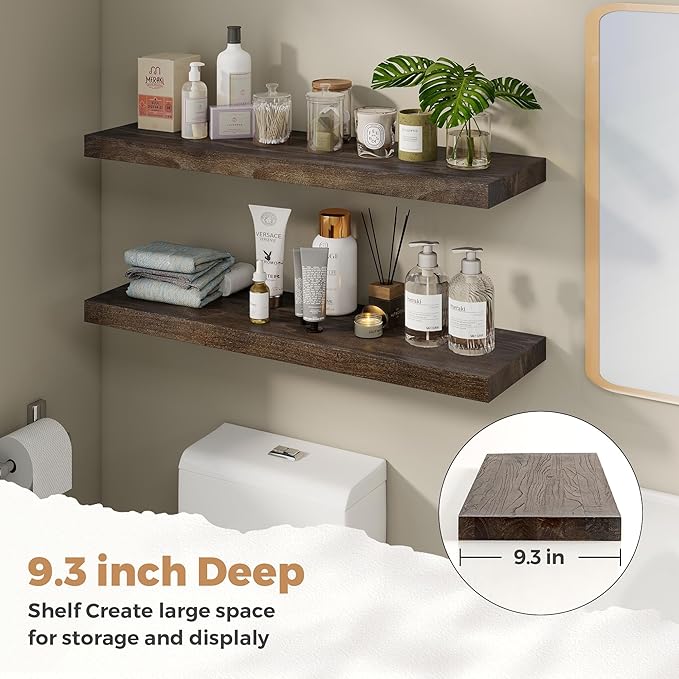 RICHFOCUS Elm Floating Shelves for Wall - 36" W x 9.3" D Rustic Solid Wood Shelves with Invisible Bracket, Wall-Mounted for Living Room, Bedroom, Kitchen Storage & Display, Set of 2, Walnut-Ruum Studio Home