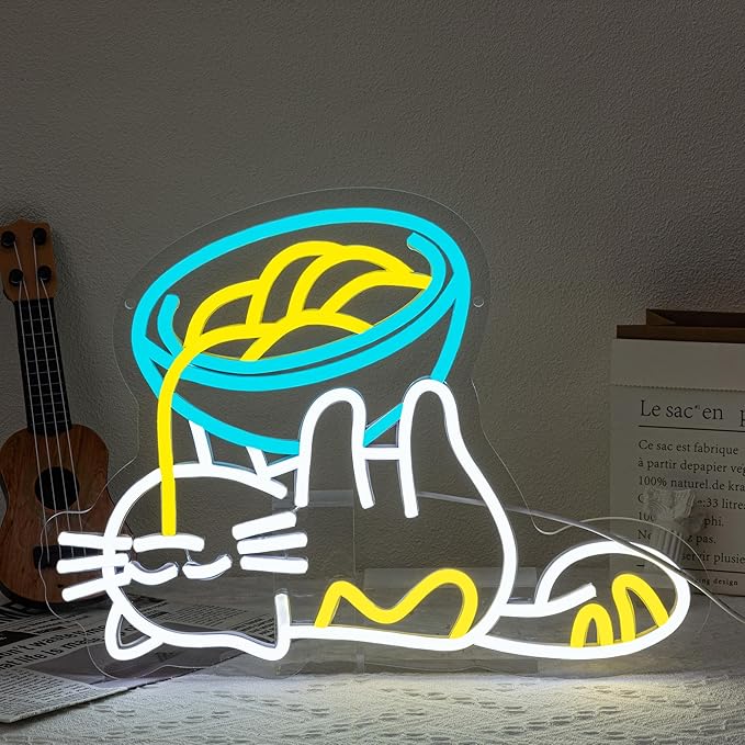 Ramen Cat Neon Sign for Wall Decor Cat Neon Light Ramen Neon Signs Colorful LED Neon Light Cat Noodle LED Neon Sign for Bedroom Kids Room Restaurant Kitchen Pet Store Deocration-Ruum Studio Home