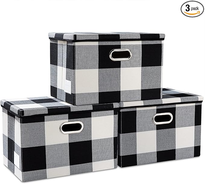 PRANDOM Large Collapsible Storage Bins with Lids [3-Pack] Fabric Foldable Storage Boxes Organizer Containers Baskets Cube with Cover for Home Bedroom Closet Office Black and White (17.7x11.8x11.8)-Ruum Studio Home
