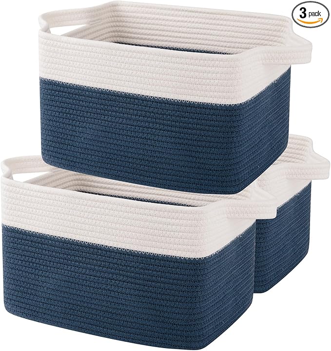 OIAHOMY Storage Baskets - Woven Cotton Rope Baskets for Shelves, Toy Towel Organizer Bins, Pack of 3, Blue & White-Ruum Studio Home