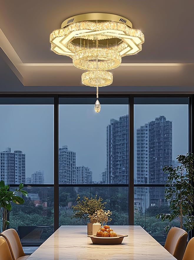 Flashing God Modern Crystal Chandeliers Dia 24" Gold Chandelier Flush Mount Ceiling Light for Bedroom Living Room Dining Room Hallway Dimmable 3 Rings LED Celing Lighting Fixtures-Ruum Studio Home