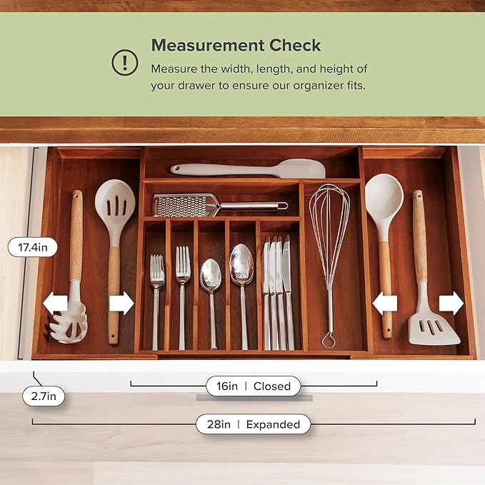 Premium Silverware, Flatware and Utensil Organizer for Kitchen Drawers, Food-Safe Contract Grade, Expandable from 16 to 28 In, Natural Acacia-Ruum Studio Home