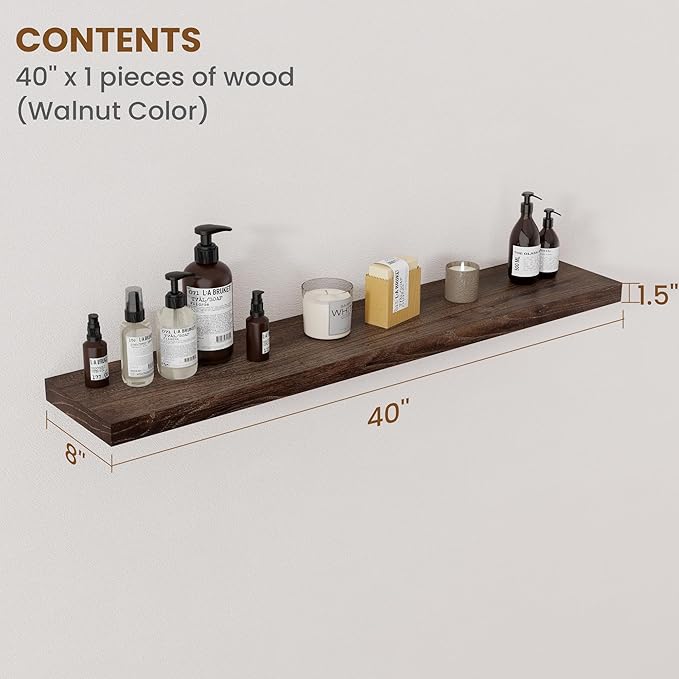 Floating Shelves for Wall Decor, 8 Inch Deep Rustic Solid Elm Wood Floating Shelves Wall Mounted, Wall Shelves with Invisible Bracket for Living Room Bathroom Bedroom Kitchen, 40 Inch Set of 1, Walnut-Ruum Studio Home