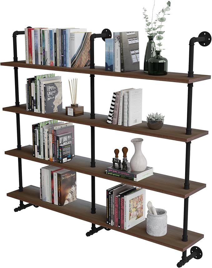 Industrial Pipe Wall Shelves Pipe Shelving with Real Wood Plank,60 Inches Floating Shelves for Wall Farmhouse Pipe Book Shelves Dark Brown 4 Tier for Kitchen,Living Room Decor and Bar Shelving-Ruum Studio Home