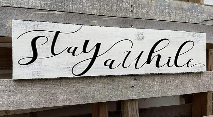 Farmhouse Stay Awhile Wood Sign, Entryway Sign Farmhous Wall Decor, Rustic Wall Art for Housewarming Gift (Stay Awhile) 6x16 Inch-Ruum Studio Home
