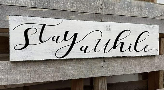 Farmhouse Stay Awhile Wood Sign, Entryway Sign Farmhous Wall Decor, Rustic Wall Art for Housewarming Gift (Stay Awhile) 6x16 Inch-Ruum Studio Home