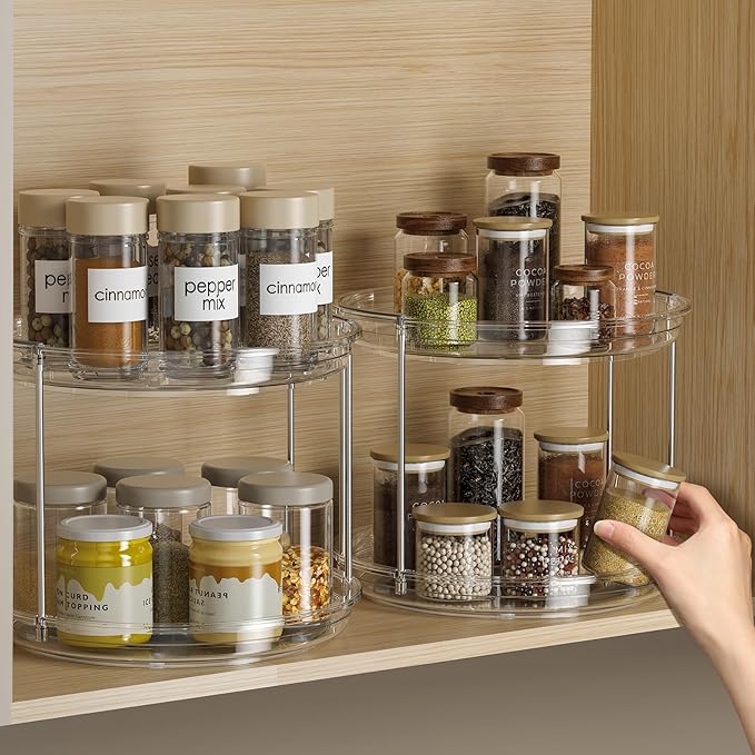 LAMU 2 Pack 2 Tier Lazy Susan Turntable Organizer 9.25'' Rotating Spice Rack Organization for Cabinet, Kitchen, Pantry, Countertop, Bathroom, Vanity, Medicine Cabinet Organizer, Clear-Ruum Studio Home
