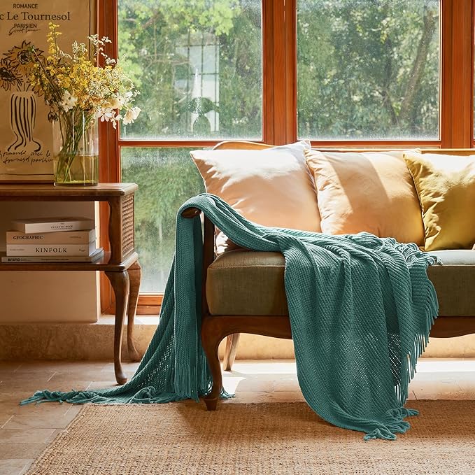 lifein Throw Blanket for Couch, Soft Boho Decor Bed Throw,Cozy Blue Chenille Knitted Small Farmhouse Lightweight Throw for Spring(Aqua,50 * 60")-Ruum Studio Home