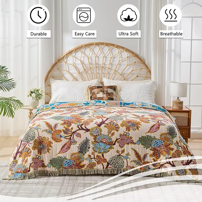 Boho Throw Blanket for Bed, Sofa,Cozy Lightweight Fall Blanket,100% Cotton Southwestern Farmhouse Floral Decor, Reversible Rustic Blanket, Chair, Picnic Throw Blanket,50"x60"-Ruum Studio Home